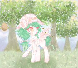 Size: 985x860 | Tagged: safe, artist:halcyondrop, oc, oc only, oc:mojito puff, bat pony, bee, pony, hat, solo, tree