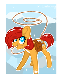 Size: 1432x1772 | Tagged: safe, artist:trickate, oc, oc only, oc:knoxie, abstract background, bag, mouth hold, rope, saddle bag, solo