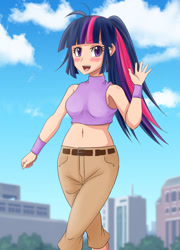 Size: 1232x1712 | Tagged: safe, artist:toraxd001, twilight sparkle, human, bad anatomy, belly button, blushing, city, clothes, female, humanized, midriff, open mouth, pants, short shirt, solo, waving