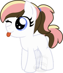 Size: 601x700 | Tagged: safe, artist:tambelon, oc, oc only, oc:neapolitan twist, earth pony, pony, female, filly, one eye closed, solo, tongue out, watermark, wink