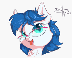 Size: 1500x1200 | Tagged: safe, artist:malwinters, oc, oc only, oc:wind chime, bat pony, pony, bust, cheek fluff, chest fluff, cute, ear fluff, ffangs, glasses, open mouth, portrait, solo