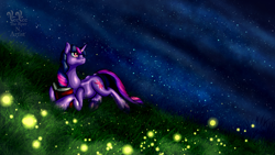 Size: 1600x900 | Tagged: safe, artist:veeveetherpernartist, twilight sparkle, firefly (insect), book, grass, looking up, meadow, night, prone, solo, stars