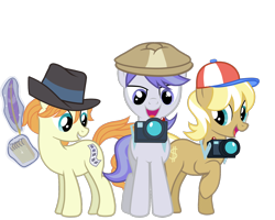 Size: 1280x1024 | Tagged: safe, artist:alexa0118, long shot, press pass, press release (character), snappy scoop, earth pony, pony, unicorn, background pony, camera, female, hat, magic, mare, notepad, paparazzi, quill, simple background, telekinesis, transparent background, trio, vector