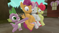 Size: 1024x576 | Tagged: safe, artist:cryotimberwolf, apple bloom, scootaloo, spike, sweetie belle, dragon, just for sidekicks, 3d, crusadespike, cutie mark crusaders, female, male, scene interpretation, scootaspike, shipping, source filmmaker, spike gets all the mares, spikebelle, spikebloom, straight