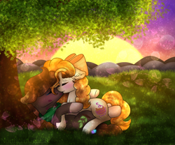 Size: 1024x853 | Tagged: safe, artist:northlights8, oc, oc only, earth pony, pony, female, kissing, male, mare, oc x oc, shipping, stallion, straight, sunset, tree