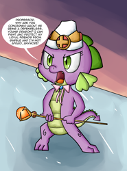 Size: 2756x3720 | Tagged: safe, artist:chiptunebrony, idw, barb, spike, dragon, accessories, angry, angry eyes, cap, cleric, comic style, confrontation, defending, dusk, emblem, final battle, glow, guardians of harmony, hat, ice, idw publishing, nightfall, orb, reflection, ribbon, rod, rule 63, solo, staff, style emulation