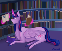 Size: 900x741 | Tagged: safe, artist:maniak-pl, twilight sparkle, twilight sparkle (alicorn), alicorn, pony, book, bookshelf, library, magic, prone, solo, telekinesis, unshorn fetlocks