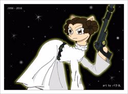 Size: 3117x2288 | Tagged: safe, artist:bakumaru01, blaster, carrie fisher, clothes, dress, frown, glare, glow, gun, hoof hold, ponified, princess leia, solo, star wars, stars, tribute, weapon