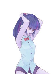 Size: 700x1000 | Tagged: safe, artist:misochikin, twilight sparkle, equestria girls, armpits, mouth hold, simple background, solo