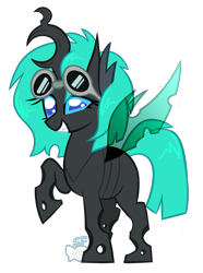 Size: 1408x1888 | Tagged: safe, artist:sugahfox, oc, oc only, changeling, changeling oc, female, goggles, raised hoof, simple background, solo, transparent background