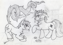 Size: 3254x2329 | Tagged: safe, artist:kassc, oc, oc only, oc:gyro tech, oc:losian, pony, unicorn, cake, food, monochrome, traditional art