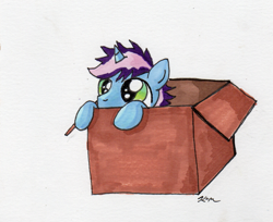 Size: 1625x1326 | Tagged: safe, artist:catscratchpaper, oc, oc only, oc:gyro tech, pony, unicorn, box, cardboard box, colt, male, markers, peeking, pony in a box, solo, traditional art