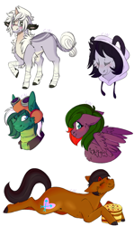 Size: 1250x2100 | Tagged: safe, artist:cinnamonsparx, oc, oc only, oc:aphelion, oc:laphy, oc:swift, oc:yanie, earth pony, pegasus, pony, clothes, female, goggles, hoodie, mare, pizza cake, prone, wildling unicorn