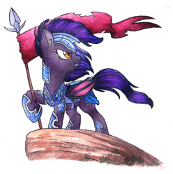 Size: 1087x1094 | Tagged: safe, artist:red-watercolor, oc, oc only, oc:dawn sentry, bat pony, pony, armor, female, flower, guardsmare, mare, royal guard, solo, spear, traditional art, watercolor painting, weapon