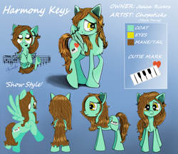 Size: 3819x3299 | Tagged: safe, artist:chopsticks, oc, oc only, oc:harmony keys, pegasus, pony, chibi, color, commission, cute, cutie mark, female, gradient background, mare, reference sheet, shy, solo, text, turnaround