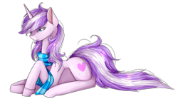 Size: 2276x1264 | Tagged: safe, artist:midfire, oc, oc only, oc:candy heartswirl, pony, unicorn, clothes, female, mare, prone, scarf, simple background, solo, transparent background