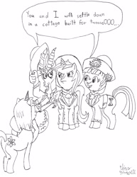 Size: 2532x3282 | Tagged: safe, artist:newguy, discord, minuette, oc, oc:keira starlight, oc:minuette, asksadisticcolgate, group, monochrome, three amigos