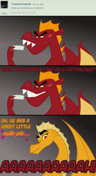 Size: 600x1093 | Tagged: safe, artist:queencold, garble, oc, oc:caldera, dragon, aaaaaaaaaa, ask, ask caldera, comic, dialogue, dragon oc, dragoness, duo, female, gray background, male, mother, mother and child, mother and son, parent and child, simple background, teenaged dragon, tumblr