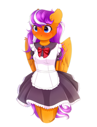 Size: 1933x2542 | Tagged: safe, artist:sweesear, oc, oc only, oc:digidrop, anthro, pegasus, anthro oc, blushing, bowtie, clothes, cute, dress, ear fluff, female, hands behind back, maid, mare, solo, wing fluff