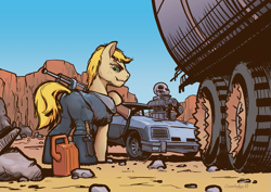 Size: 1411x1000 | Tagged: safe, artist:cannibalus, oc, oc only, oc:wit ray, earth pony, pony, car, clothes, crossover, desert, ford, ford falcon, gun, interceptor, last of the v8s, mad max, mad max fury road, male, parody, skull, stallion, supercharger, vehicle, weapon