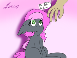 Size: 1024x768 | Tagged: safe, artist:xwoofyhoundx, oc, oc only, oc:heartbeat, bat, bat pony, human, pony, dialogue, female, filly, hand, looking up, solo