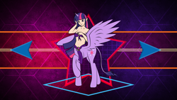 Size: 3840x2160 | Tagged: safe, artist:laszlvfx, artist:zomgitsalaura, edit, twilight sparkle, twilight sparkle (alicorn), alicorn, centaur, ponytaur, taur, elf ears, high res, pegataur, raised hoof, solo, species swap, wallpaper, wallpaper edit