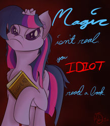 Size: 2600x3000 | Tagged: safe, artist:kayosdrive, twilight sparkle, twilight sparkle (alicorn), alicorn, pony, angry, bo burnham, book, multiple horns, pentacorn, simple background, solo, text, wat