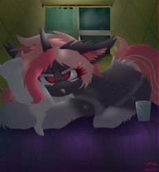 Size: 1924x2079 | Tagged: safe, artist:vanillaswirl6, oc, oc only, oc:lillith, pony, unicorn, :p, :t, annoyed, art trade, bed, blank flank, blanket, bored, colored eyelashes, colored pupils, cup, curtain, drool, dust, ear fluff, female, floppy ears, freckles, glass, glass of water, hug, lidded eyes, lying on bed, mare, multicolored hair, photoshop, pillow, prone, rain, room, scrunchy face, slit eyes, solo, squishy cheeks, tongue out, unamused, wall, water