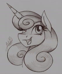 Size: 1399x1651 | Tagged: safe, artist:jack-pie, princess flurry heart, pony, female, mare, monochrome, older, one eye closed, open mouth, sketch, smiling, solo, traditional art, wink