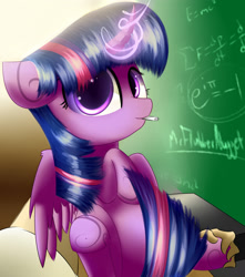 Size: 3000x3400 | Tagged: safe, artist:a8f12, twilight sparkle, twilight sparkle (alicorn), alicorn, human, pony, chalk, chalkboard, cute, holding a pony, magic, physics, spread wings, wings
