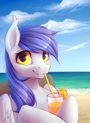 Size: 800x1100 | Tagged: safe, artist:andyfirelife, oc, oc only, oc:gabriel, pegasus, pony, beach, drink, drinking straw, ear fluff, female, hoof hold, looking at you, mare, smiling, solo