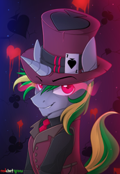Size: 1500x2171 | Tagged: safe, artist:redchetgreen, oc, oc only, oc:spades, pony, unicorn, glowing eyes, hat, male, playing card, solo, stallion, top hat