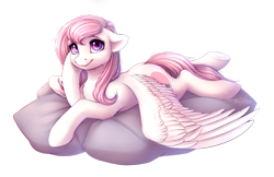 Size: 1500x970 | Tagged: safe, artist:andyfirelife, oc, oc only, oc:cherished song, pegasus, pony, cheek fluff, chest fluff, cute, ear fluff, female, floppy ears, looking at you, lying down, mare, pillow, prone, simple background, smiling, solo, transparent background, wing fluff