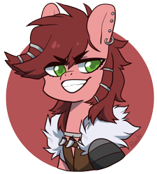 Size: 758x841 | Tagged: safe, artist:paichitaron, oc, oc only, oc:fierce will, earth pony, pony, clothes, ear piercing, earring, female, grin, jewelry, mare, piercing, smiling, solo