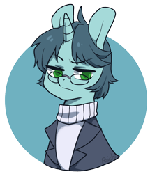 Size: 754x878 | Tagged: safe, artist:paichitaron, oc, oc only, oc:ink sigil, pony, unicorn, blazer, bust, clothes, colored pupils, glasses, looking at you, male, portrait, raised eyebrow, signature, simple background, solo, stallion, sweater