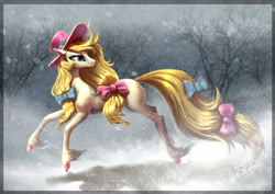 Size: 1024x724 | Tagged: safe, artist:begasus, oc, oc only, oc:luo, pony, unicorn, bow, commission, female, hair bow, hat, looking back, mare, smiling, snow, snowfall, solo, tail bow, tree