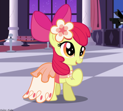 Size: 4918x4418 | Tagged: safe, artist:asika-aida, apple bloom, earth pony, pony, absurd resolution, adorabloom, bow, clothes, commission, cute, dress, female, filly, flower, flower in hair, gala dress, grand galloping gala, hair bow, piano, red hair, red tail, smiling, solo