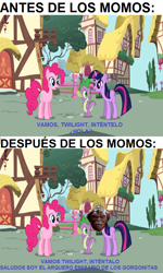 Size: 600x1000 | Tagged: safe, derpibooru import, edit, edited screencap, screencap, pinkie pie, spike, twilight sparkle, dragon, earth pony, pony, friendship is magic, archer, before and after, meme, pinkie pie and twilight sparkle first meeting, small soldiers, spanish, translated in the comments