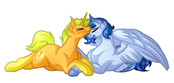 Size: 4987x2377 | Tagged: safe, artist:amazing-artsong, oc, oc only, oc:citrus tang, oc:feather light, pegasus, pony, unicorn, absurd resolution, eyes closed, gay, high res, male, nuzzling, prone, scrunchy face, simple background, stallion, transparent background