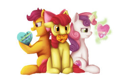 Size: 3000x2000 | Tagged: safe, artist:darkray777, apple bloom, scootaloo, sweetie belle, earth pony, pegasus, pony, unicorn, cutie mark crusaders, female, filly, magic, mouth hold, open mouth, simple background, sitting, the cmc's cutie marks, transparent background, valentine's day