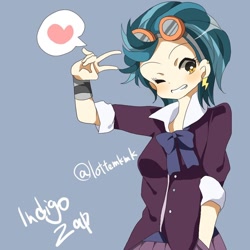 Size: 1000x1000 | Tagged: dead source, safe, artist:lotte, indigo zap, equestria girls, friendship games, heart, looking at you, one eye closed, peace sign, solo, wink