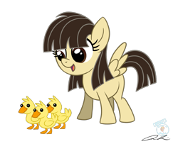 Size: 1261x1023 | Tagged: safe, artist:iheartjapan789, wild fire, duck, pegasus, pony, blank flank, duckling, female, filly, looking down, open mouth, ponysona, signature, simple background, smiling, standing, that pony sure does love ducks, transparent background
