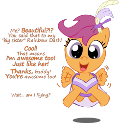 Size: 1232x1270 | Tagged: safe, artist:newportmuse, part of a series, part of a set, scootaloo, beautiful, clothes, dialogue, dress, everypony is beautiful, flying, gala dress, happy, looking at you, offscreen character, open mouth, scootaloo can fly, scootalove, simple background, smiling, solo, spread wings, transparent background