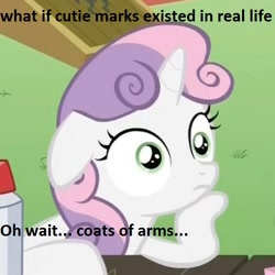 Size: 500x500 | Tagged: safe, edit, edited screencap, screencap, sweetie belle, pony, unicorn, coat of arms, cutie mark, exploitable meme, female, filly, horn, image macro, meme, obligatory pony, solo, sudden clarity sweetie belle, text, two toned mane, white coat, wide eyes