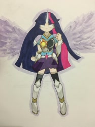 Size: 800x1067 | Tagged: safe, artist:some-failure, twilight sparkle, human, armor, clothes, female, glowing eyes, horned humanization, humanized, solo, traditional art, watermark, winged humanization, wings