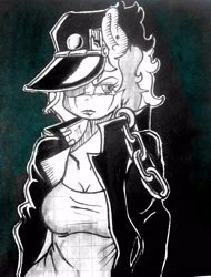 Size: 2409x3174 | Tagged: safe, artist:pantheracantus, oc, oc only, oc:portal breakway, anthro, anthro oc, jojo's bizarre adventure, jotaro kujo, monochrome, traditional art