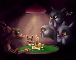 Size: 1266x1000 | Tagged: safe, artist:insanerobocat, cerberus (character), winona, cerberus, dog, timber wolf, bone, canines, card game, cute, dogs playing poker, gambling, mouth hold, multiple heads, parody, poker, signature, table, three heads, trio