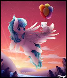 Size: 2595x3000 | Tagged: safe, artist:cloud-drawings, oc, oc only, oc:cerulean blitz, dog, balloon, evening, flying, open mouth, scenery, signature, solo, sunset, tongue out, tree