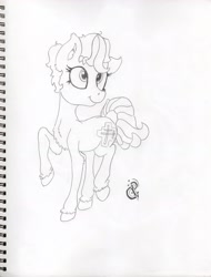 Size: 3337x4383 | Tagged: safe, artist:andandampersand, oc, oc only, oc:dee valerie, earth pony, pony, absurd resolution, chest fluff, cute, ear fluff, female, fluffy, grayscale, leg fluff, looking back, mare, monochrome, raised hoof, smiling, solo, traditional art, unshorn fetlocks