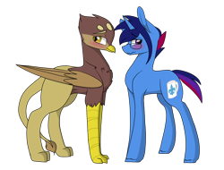 Size: 2394x1824 | Tagged: safe, artist:cyrinthia, oc, oc only, oc:dune beak, oc:marquis majordome, griffon, pony, unicorn, blushing, cute, cutie mark, female, glasses, horn, love, male, now kiss, shy, simple background, stallion, transparent background